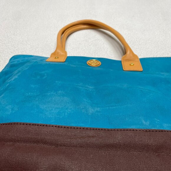 Tory Burch Jaden Bag Coconut Blue Brown Canvas Leather Shopping Tote Purse Women - Picture 5 of 12